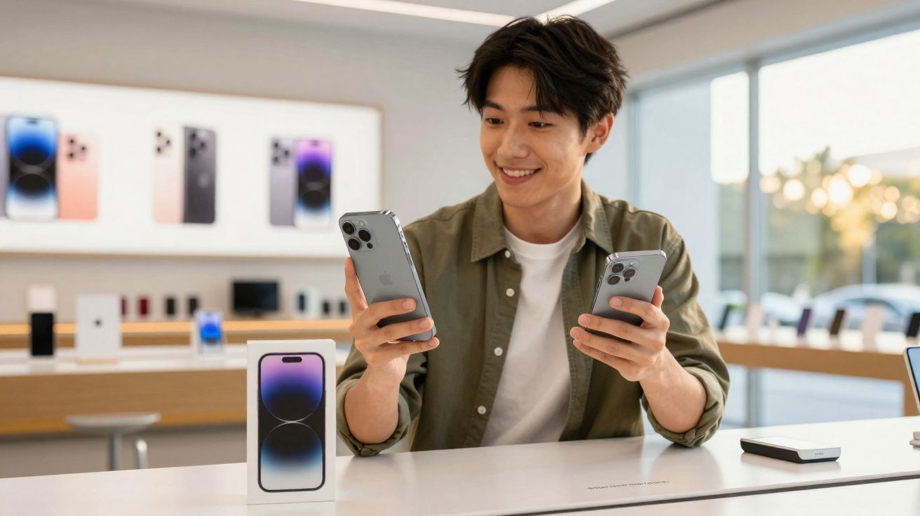 Homem sorridente compara dois telemóveis prateados numa loja tecnológica moderna.