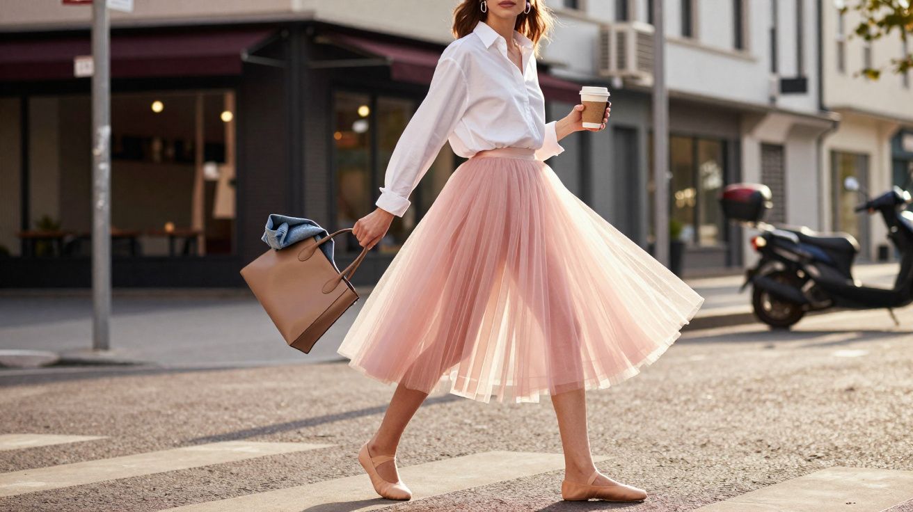 Mulher a atravessar a rua com saia rosa rodada, camisa branca e segurando café e mala bege.