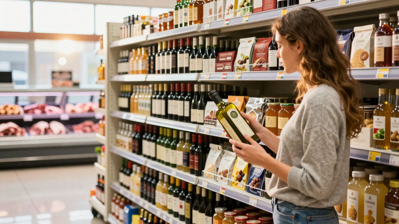 Mulher a examinar uma garrafa de azeite numa prateleira de supermercado bem iluminado.