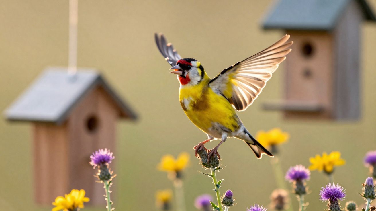 Pássaro colorido com asas abertas pousado em flor roxa com casas de passarinhos ao fundo.