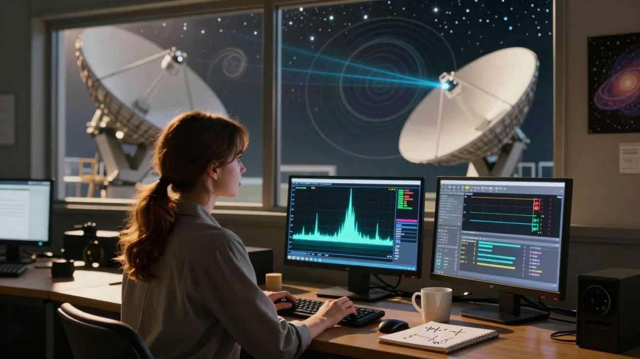 Mulher a trabalhar num centro de controlo com antenas parabólicas e dados científicos em vários ecrãs.