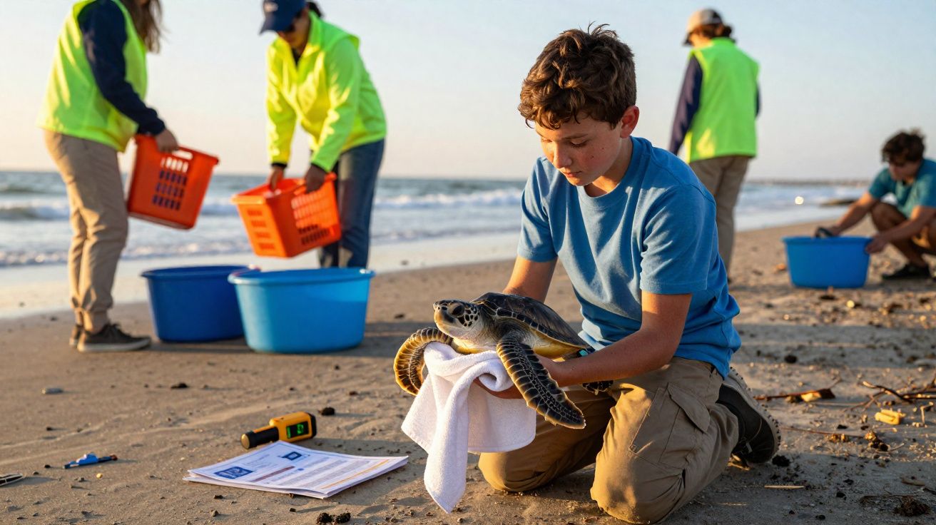 Criança segura uma tartaruga marinha com toalha na praia, enquanto outras pessoas organizam material ao fundo.