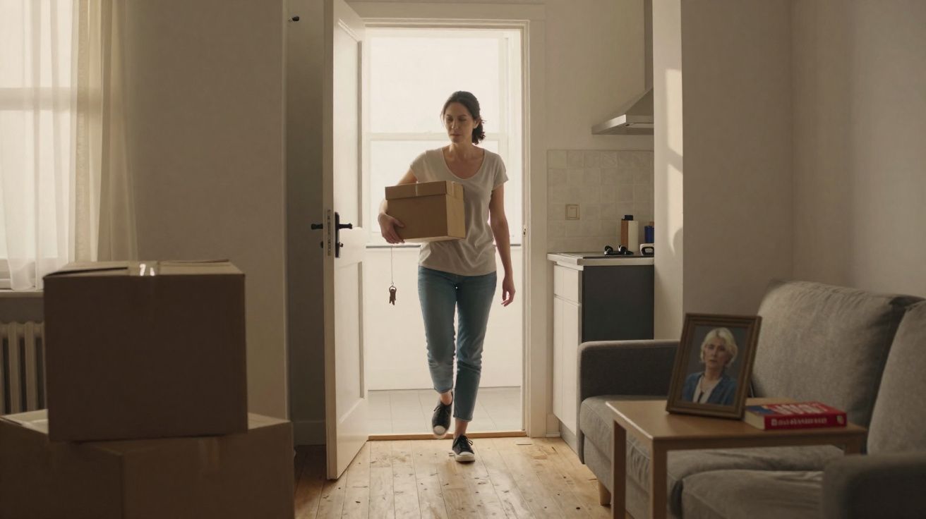 Mulher entra em casa segurando uma caixa de cartão, com várias caixas empilhadas no chão da sala.