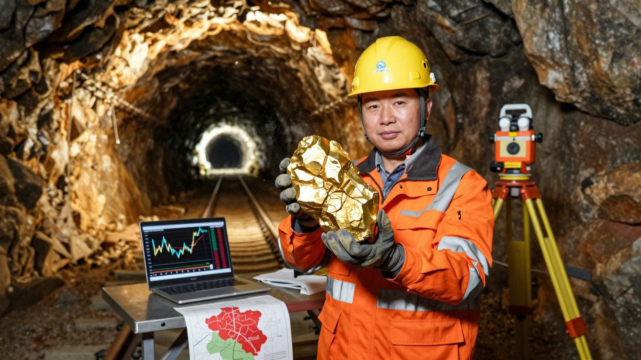 Mineiro com capacete e equipamento de segurança apresenta grande pepita de ouro numa mina subterrânea.