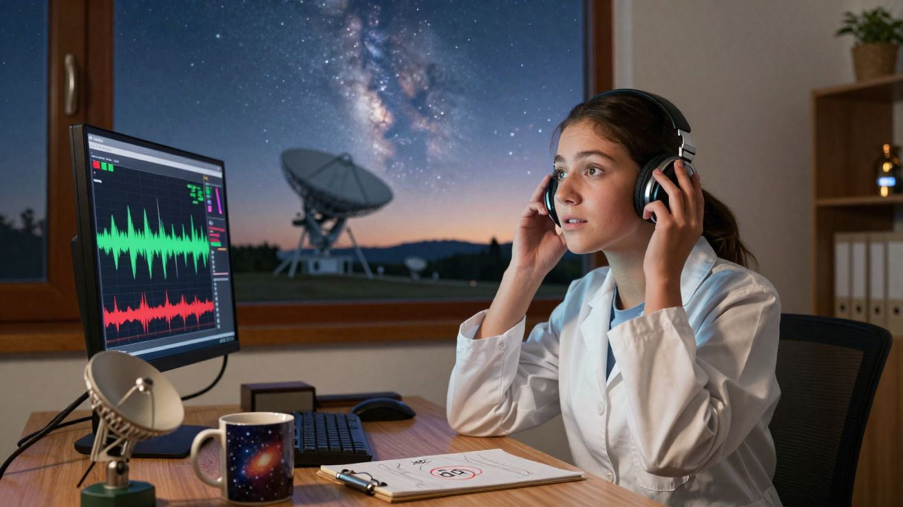 Jovem cientista com auscultadores analisa dados de ondas sonoras em computador, com antena e céu estrelado ao fundo.