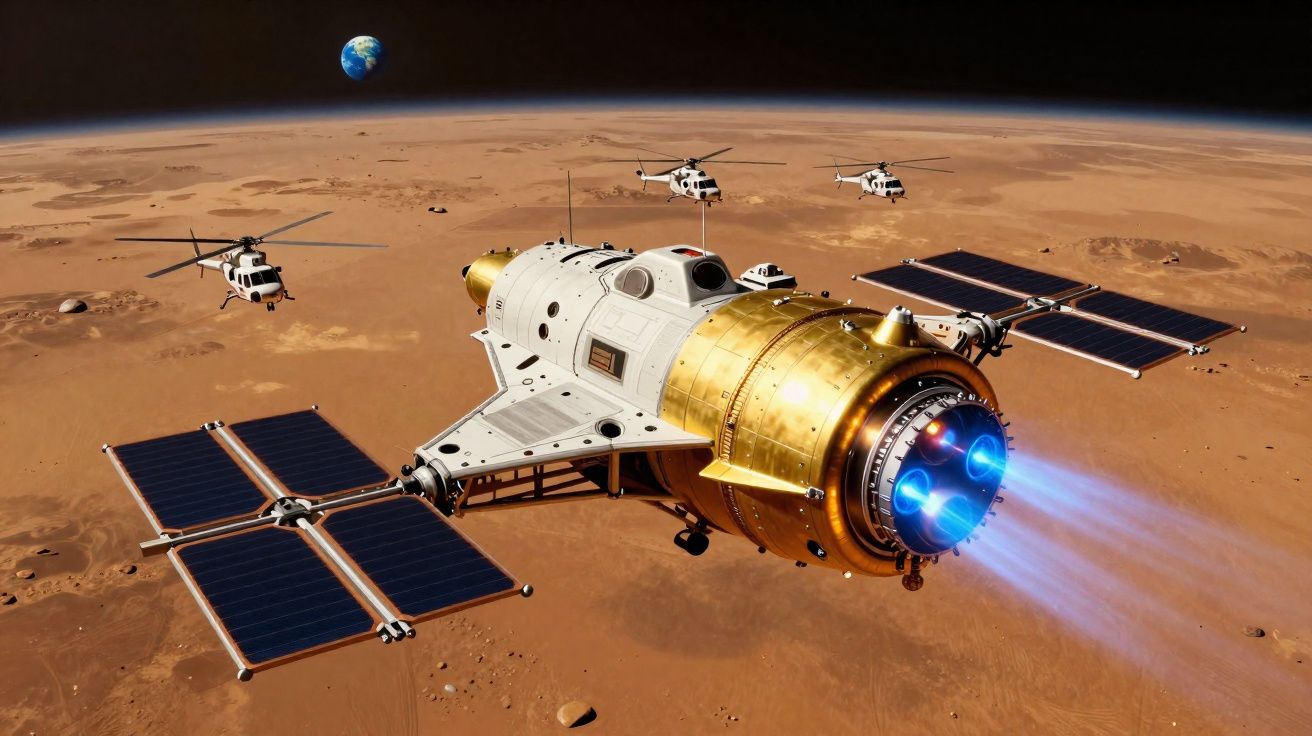 Nave espacial dourada com painéis solares sobrevoando Marte, com três helicópteros e a Terra ao fundo.
