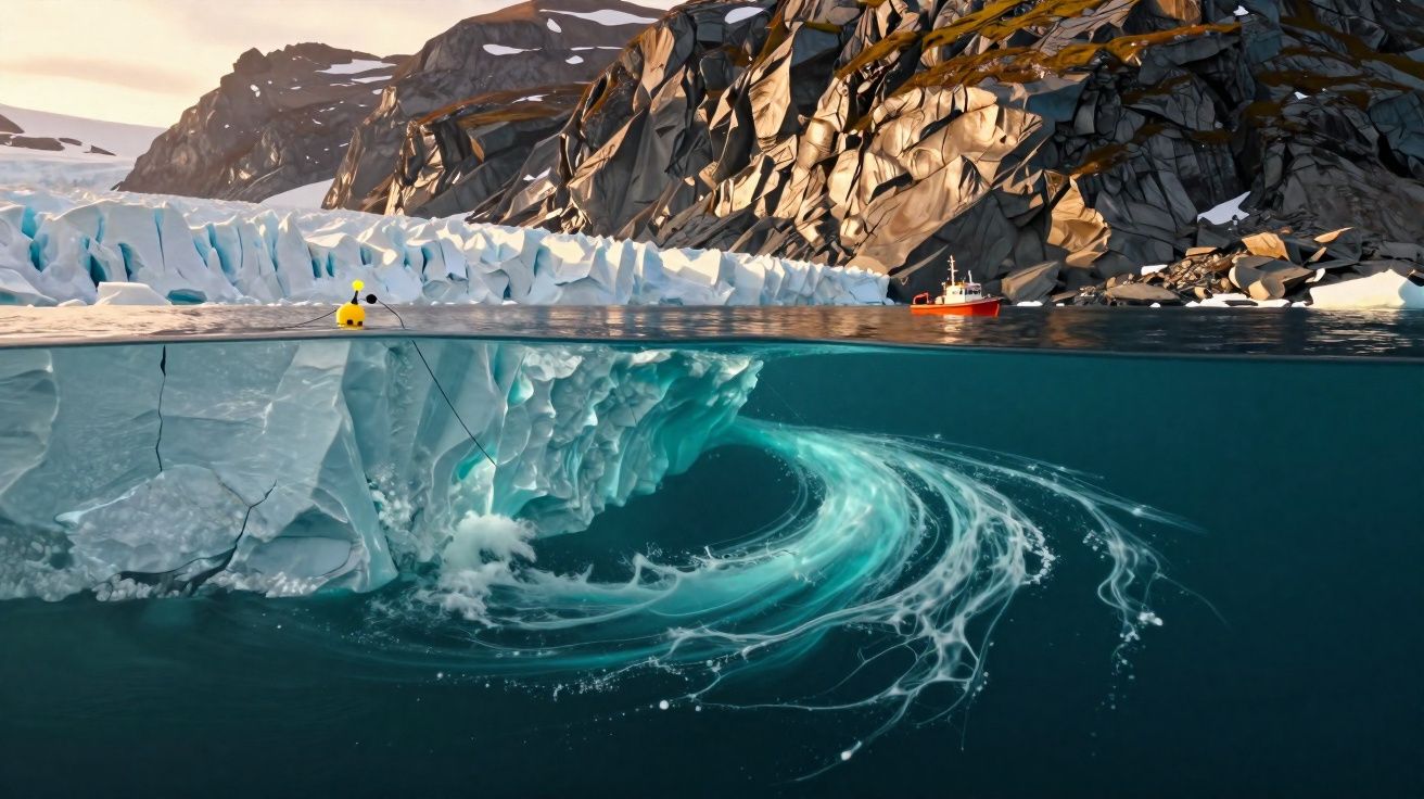 Vista dividida da superfície do mar com icebergue, barco vermelho e rochas, mostrando corrente marinha e gelo submerso.