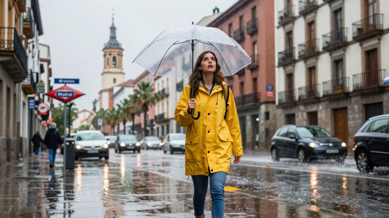 Mulher de casaco amarelo caminha na rua chuvosa com guarda-chuva transparente, carros passam ao fundo.