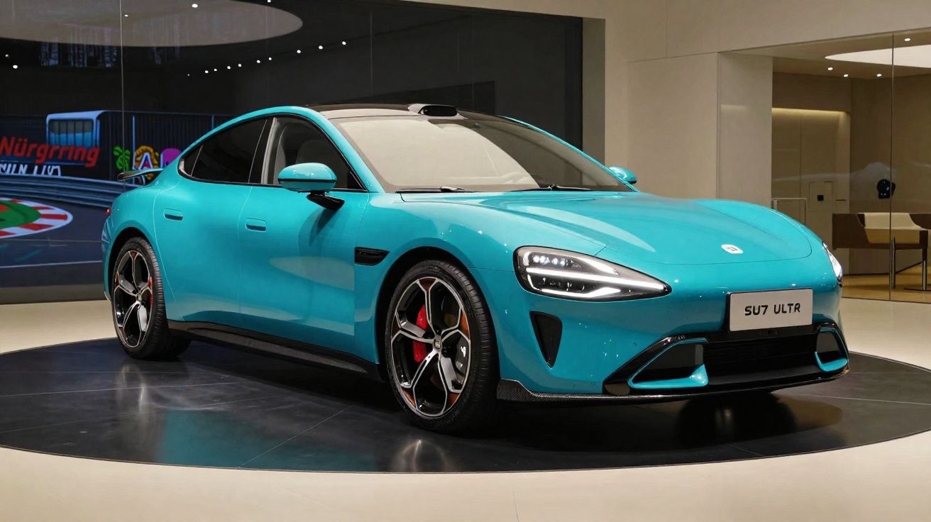 Carro elétrico azul turquesa de alta performance, modelo SU7 Ultra, exposto em salão moderno.