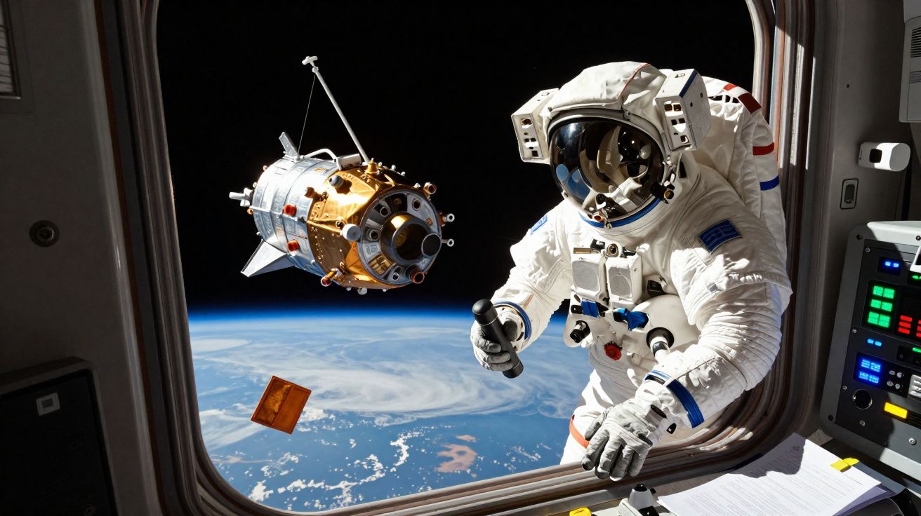 Astronauta em fato espacial em atividade extra-veicular com cápsula espacial e Terra ao fundo.