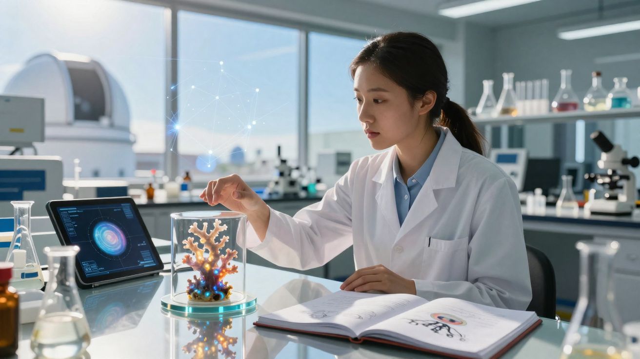 Cientista em laboratório analisa coral iluminado em exposição enquanto consulta livro aberto e tablet com dados.