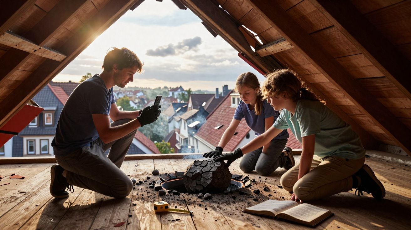 Três jovens exploram um objeto misterioso no sótão de uma casa com telhado de madeira ao pôr do sol.