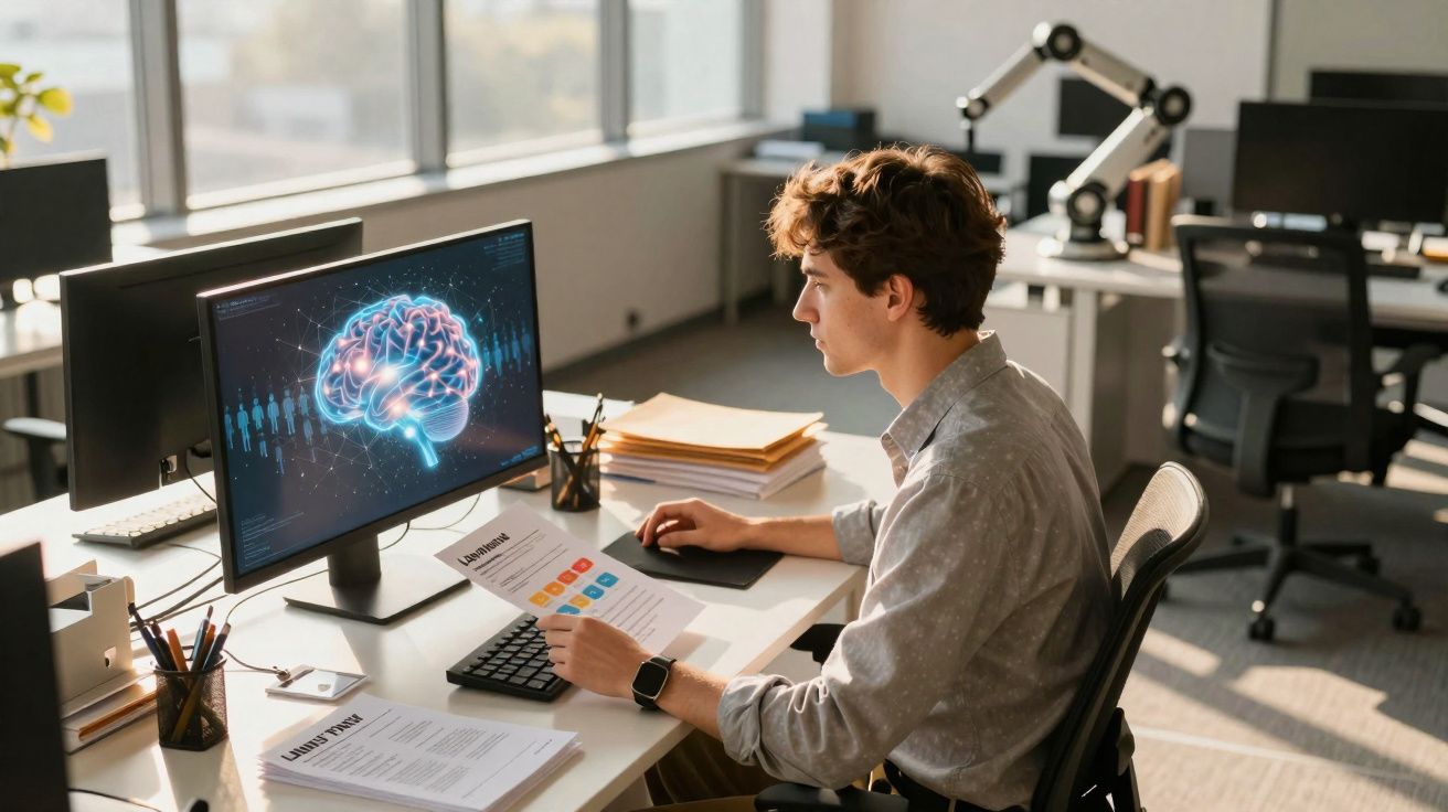 Jovem a analisar imagem digital de cérebro num ecrã de computador num escritório moderno e iluminado.