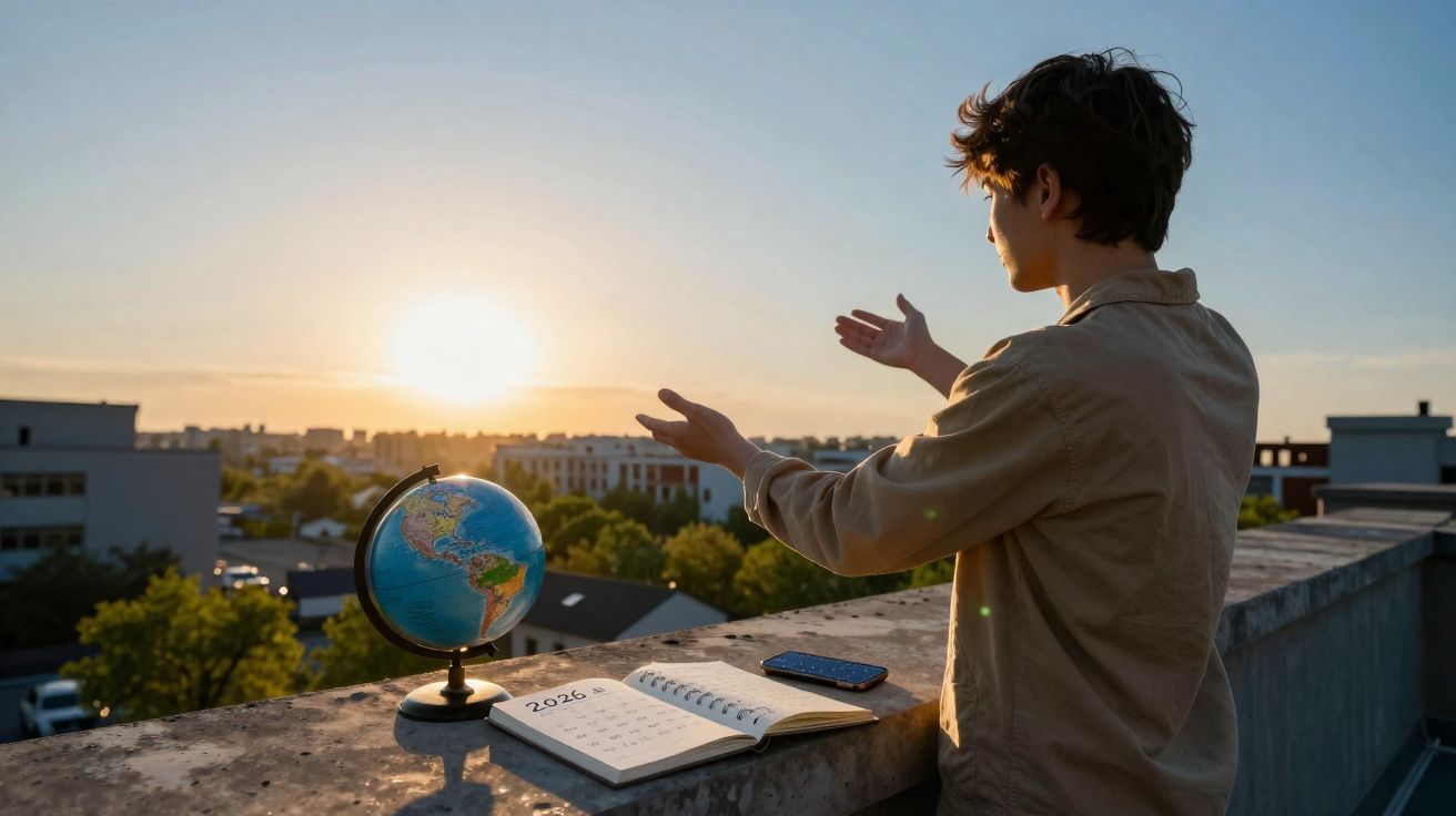 Jovem de mãos abertas em terraço com globo, agenda e telemóvel ao pôr do sol numa cidade.