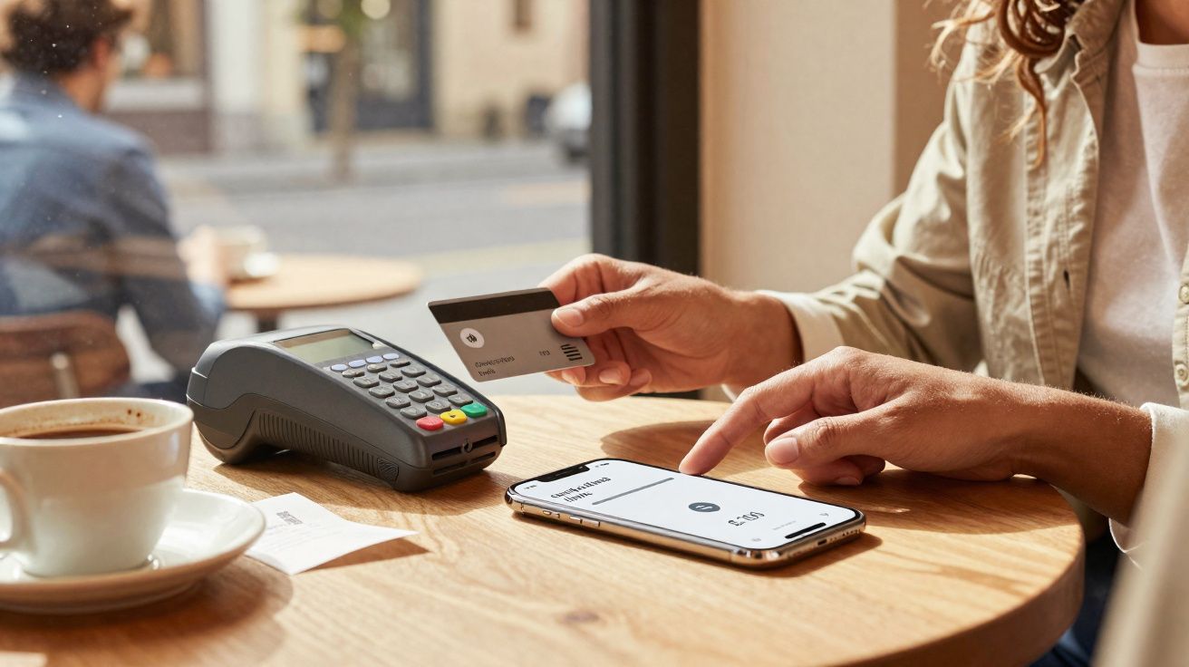 Pessoa a pagar em café com cartão contactless e telemóvel num ambiente descontraído.