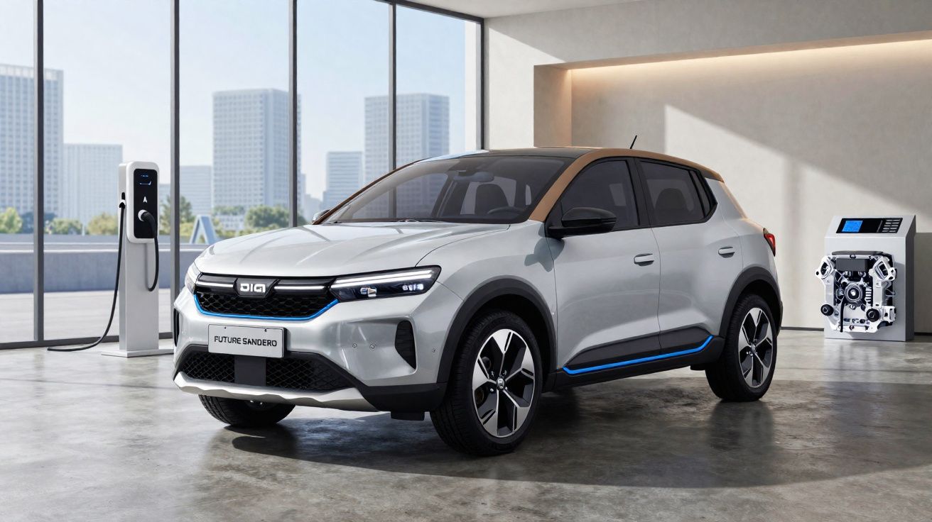 Carro elétrico cinzento com detalhes azuis a ser carregado numa estação de carregamento em garagem moderna.