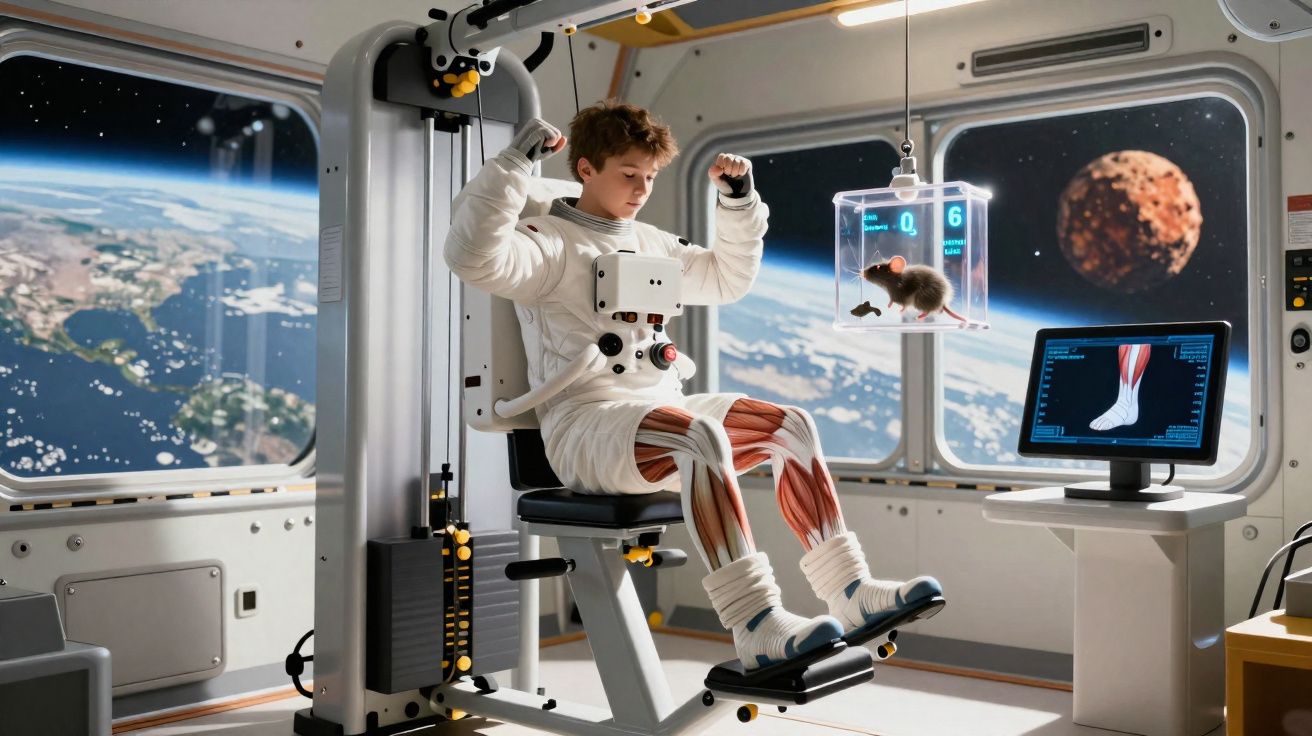 Astronauta jovem exercita nas pernas em ginásio espacial com vista para a Terra e monitor anatómico.