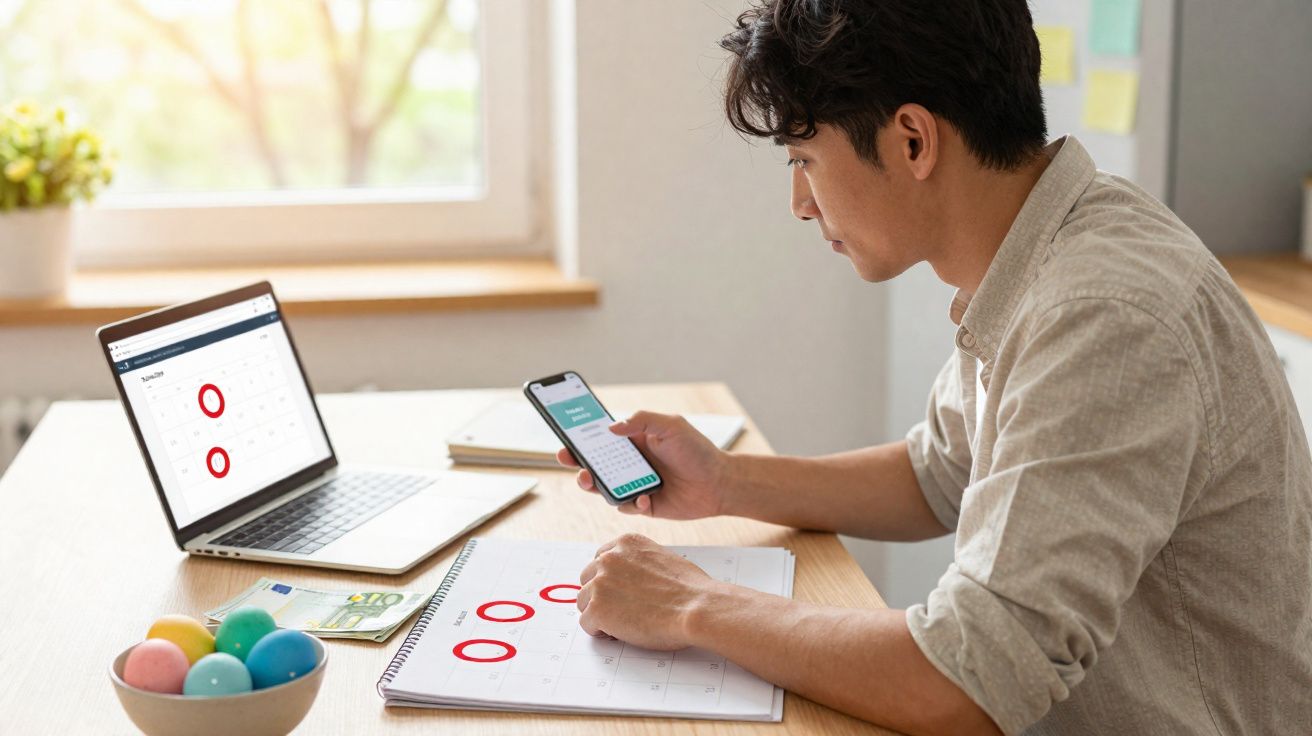 Homem a usar telemóvel e calendário físico com laptop aberto sobre mesa, a planear eventos ou compromissos.