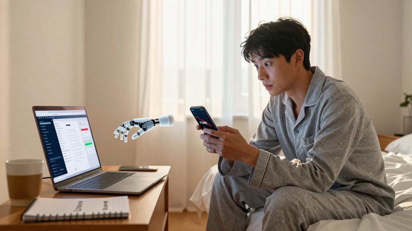 Homem em pijama sentado na cama com telemóvel, computador portátil e mão robótica numa mesa.