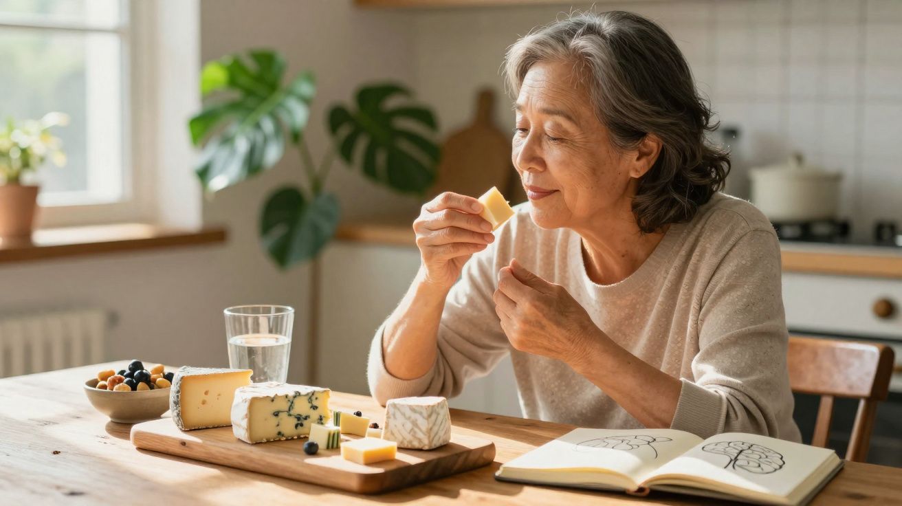 Mulher sénior a cheirar pedaço de queijo à mesa com diversos queijos e um livro aberto.