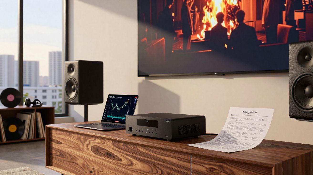 Sala moderna com aparelho de som, colunas, computador portátil e TV com fogo na lareira.