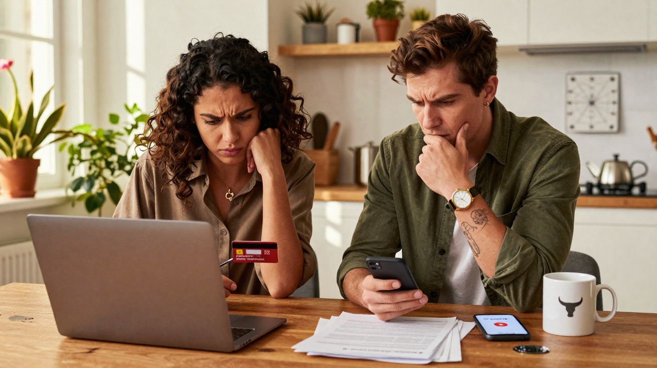 Casal preocupado analisa despesas no computador e telefone numa cozinha com documentos na mesa.