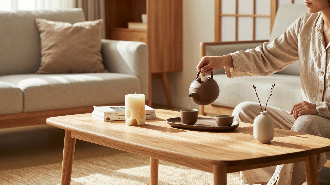 Pessoa a servir chá numa sala de estar com sofá, mesa de madeira, vela e livros.