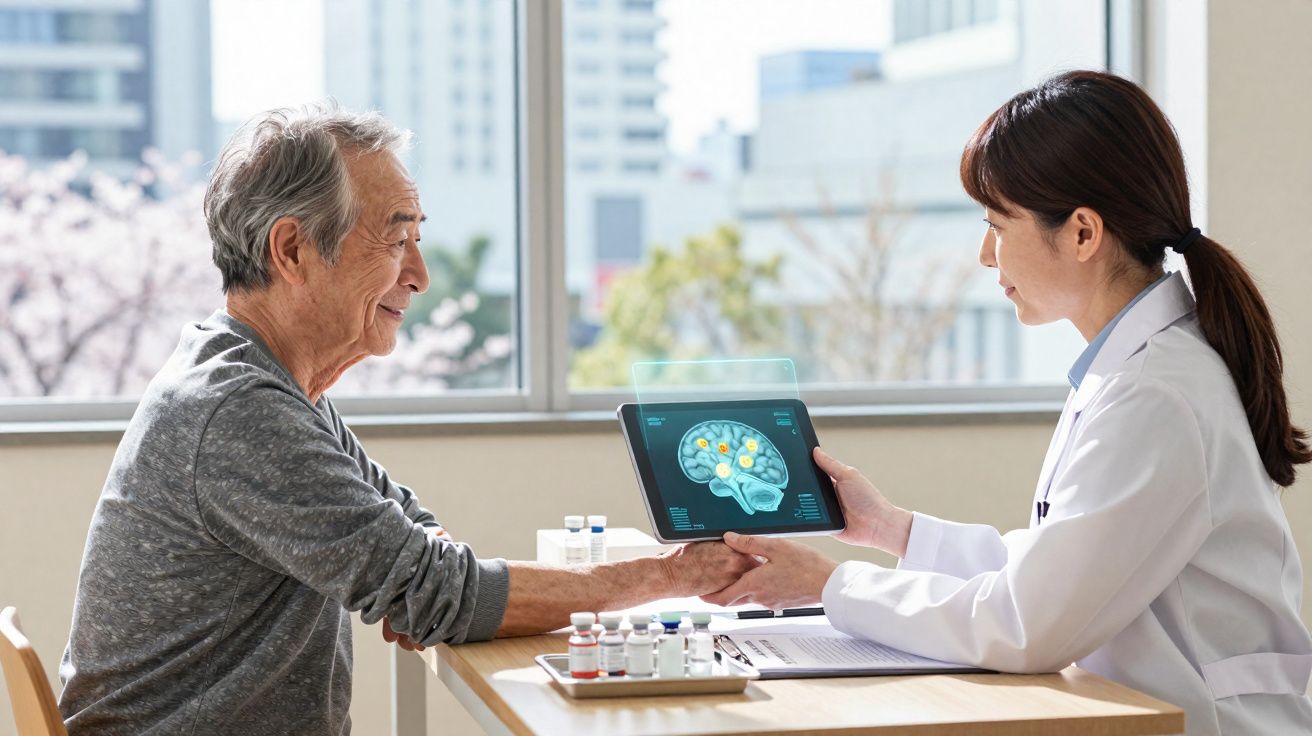 Médica mostra imagem digital do cérebro a idoso durante consulta num consultório com luz natural.