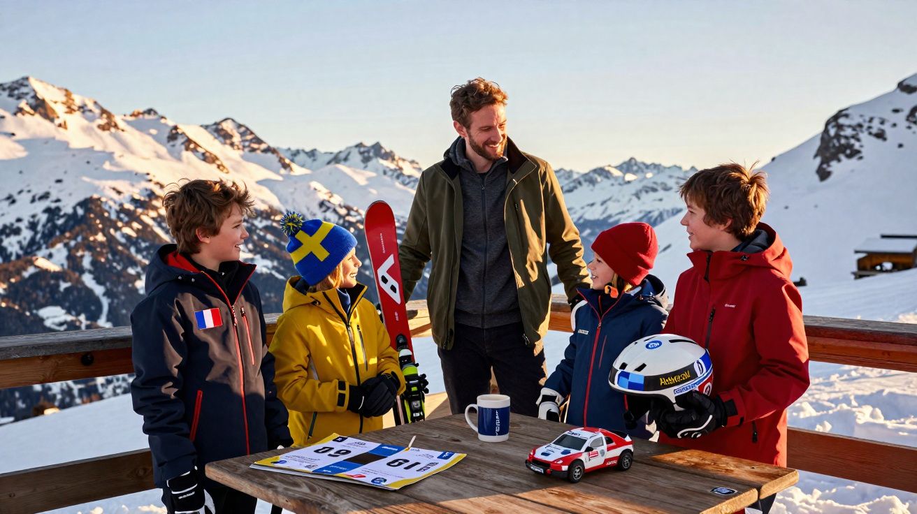 Homem e quatro crianças em roupa de neve conversam num deck com montanhas nevadas ao fundo.