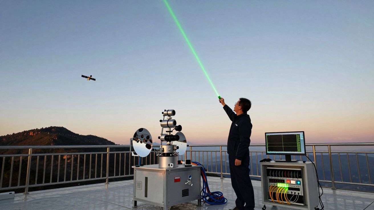Homem com equipamento em terra a apontar laser verde a satélite voando ao pôr do sol numa montanha.
