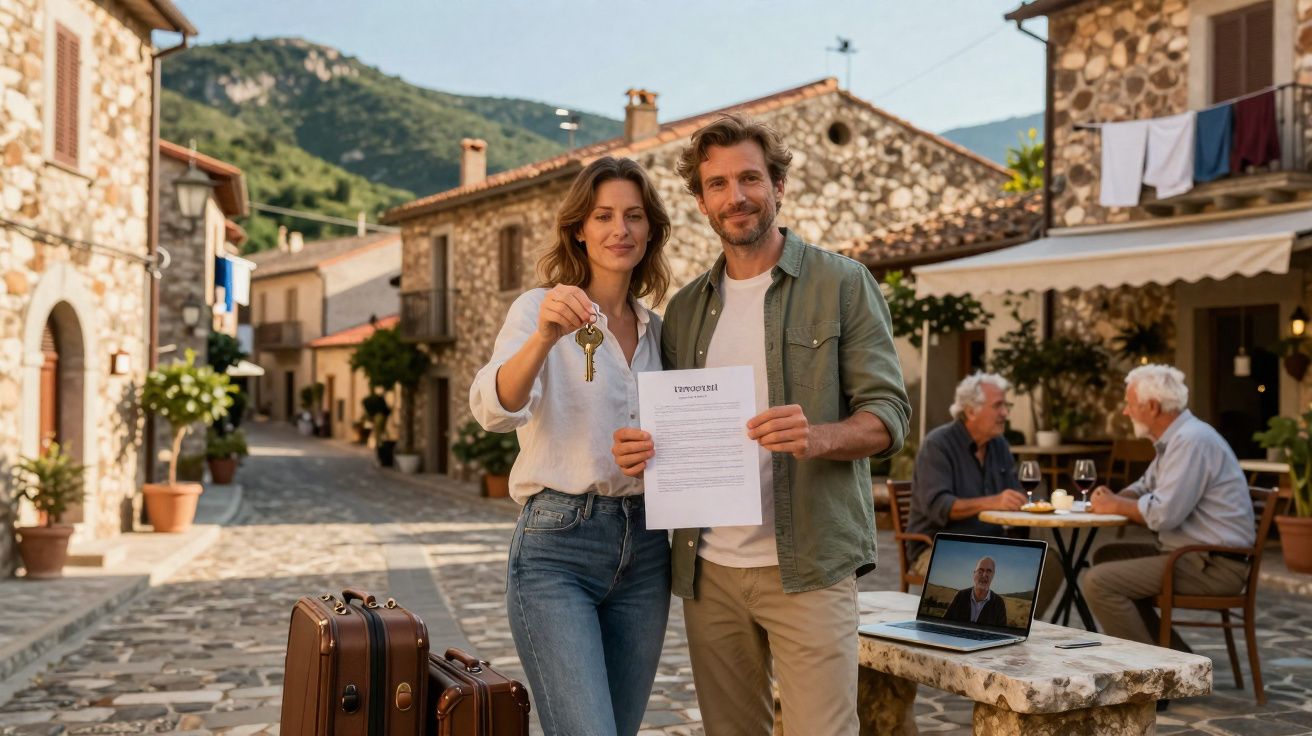 Casal sorridente segurando chave e contrato de compra, em rua com casas tradicionais e malas ao lado.