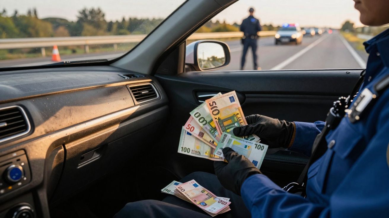 Polícia dentro de carro a contar notas euro, com estrada e viatura policial ao fundo.