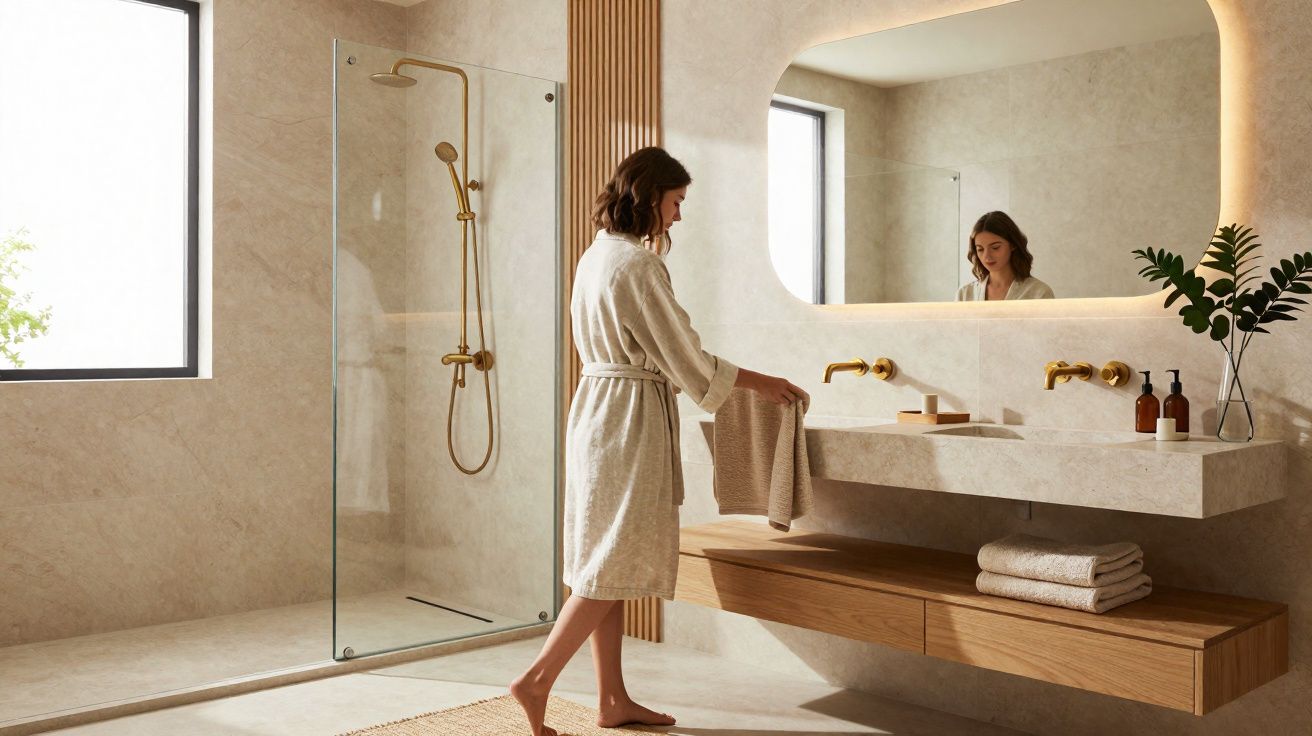 Mulher de roupão prepara toalha numa casa de banho moderna com luz natural e decoração em tons neutros.