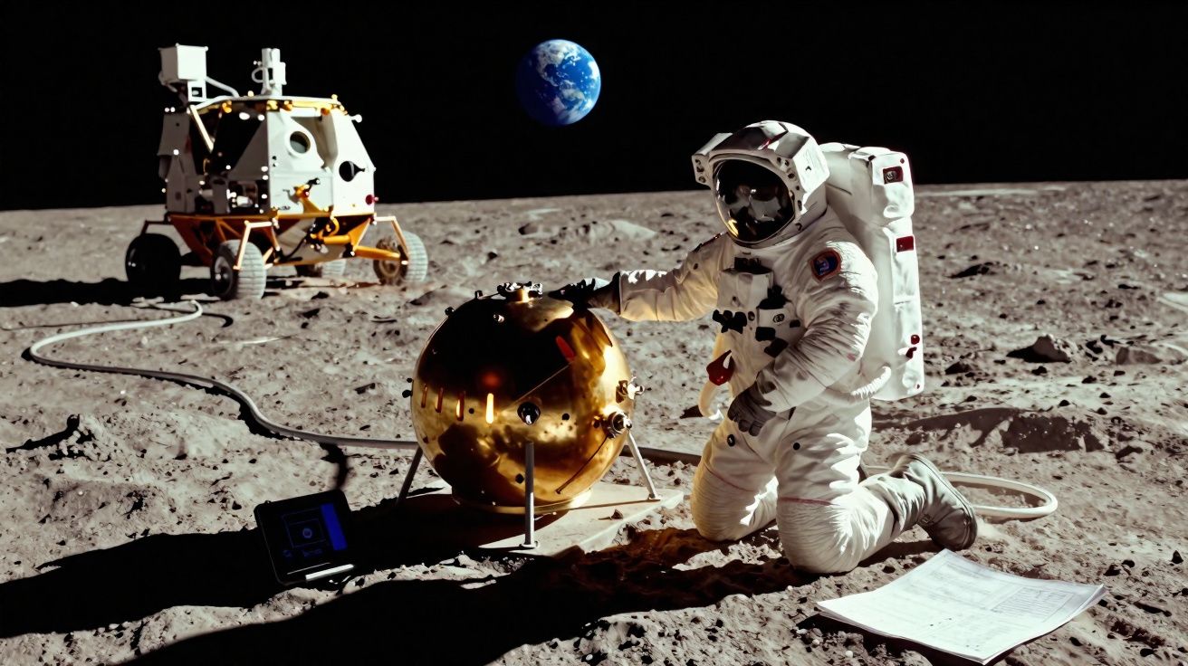 Astronauta na superfície lunar com equipamento, módulo lunar e Terra ao fundo no espaço.