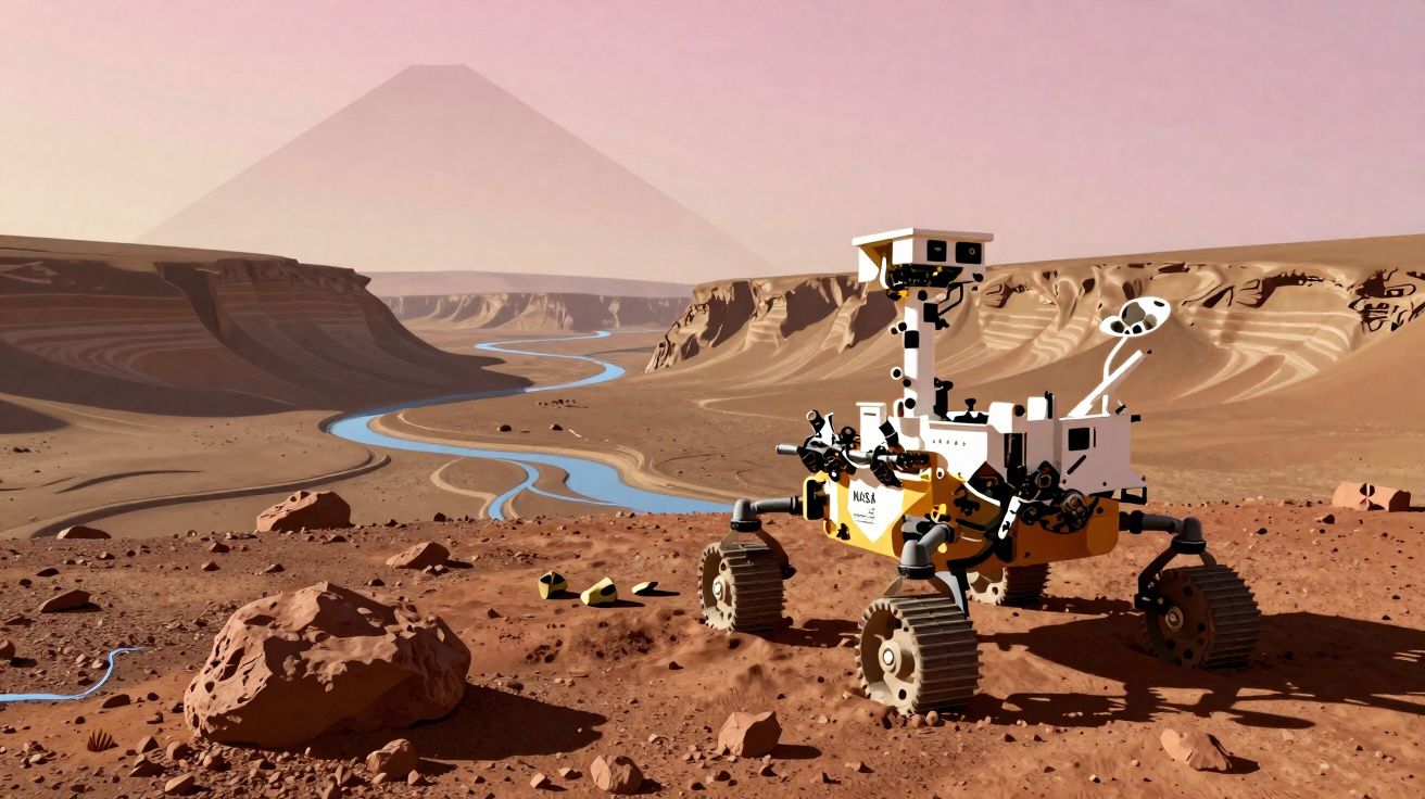 Rover da NASA explorando um terreno árido e rochoso com um rio sinuoso e montanhas ao fundo.