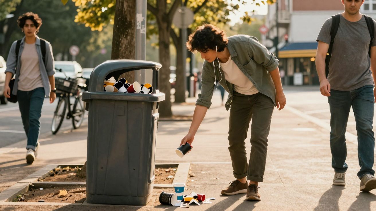 Rapaz a apanhar um copo descartável do chão junto a um cacifo cheio na calçada da cidade.