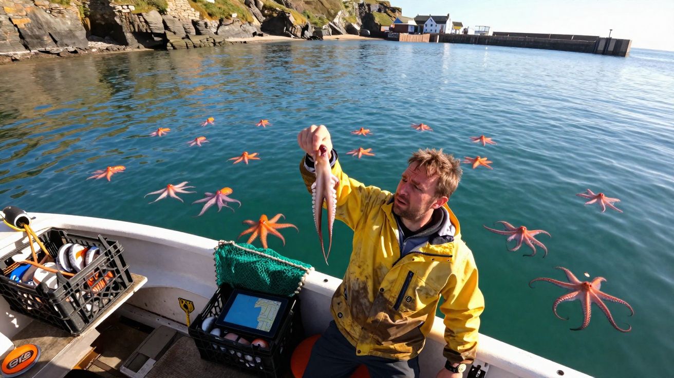 Homem de capa amarela segura polvo a bordo de barco com vários polvos na água calma junto à costa rochosa.