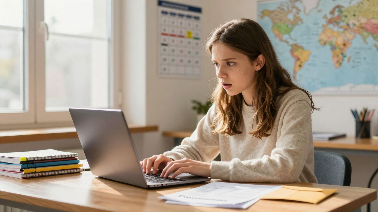 Jovem concentrada a trabalhar no computador num ambiente de estudo com cadernos e mapa-múndi ao fundo.