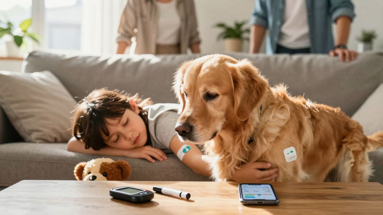 Criança e cão com sensores adesivos no corpo para monitorização de glicose numa sala de estar.