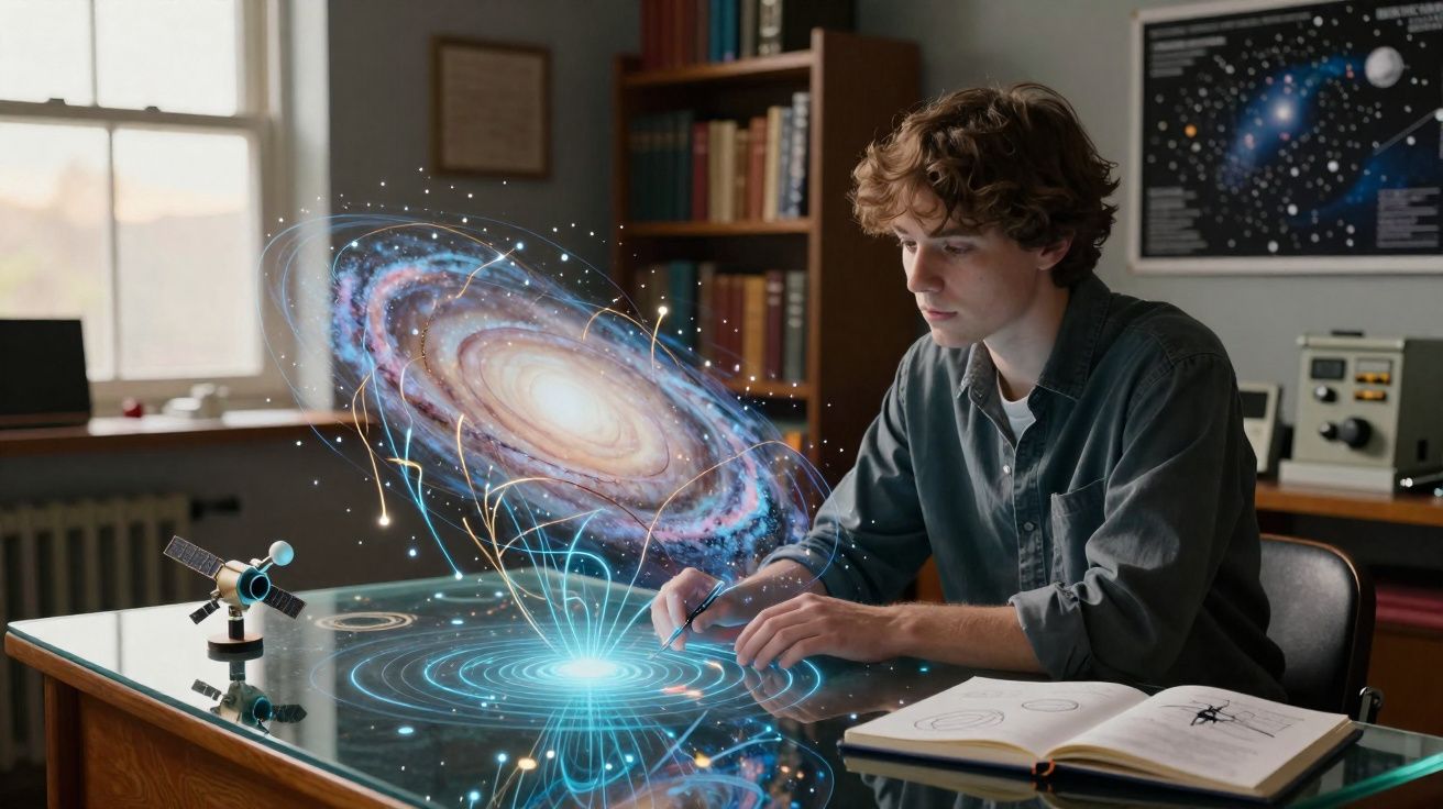 Jovem a estudar astronomia com projeção holográfica de galáxia e universo numa mesa digital interativa.