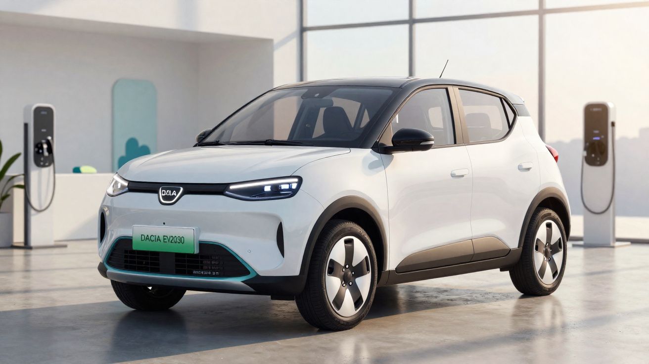 Carro elétrico Dacia EV 2030 branco estacionado numa estação de carregamento moderna interior.