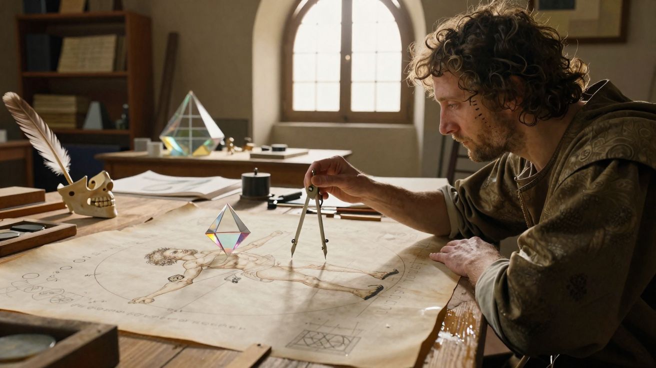 Homem a usar compasso para desenhar figura humana numa grande mesa iluminada por janela arqueada.