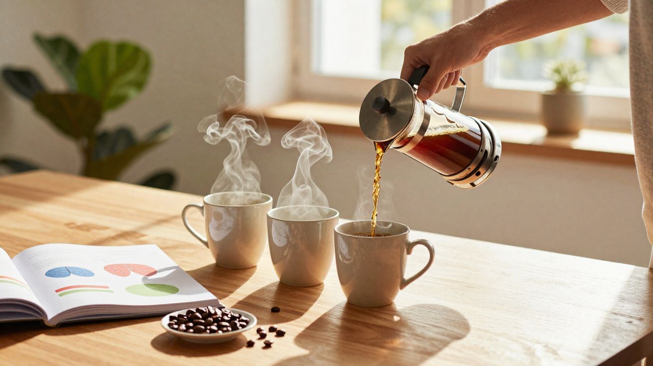 Pessoa a servir café quente em três chávenas numa mesa de madeira iluminada pela luz natural.