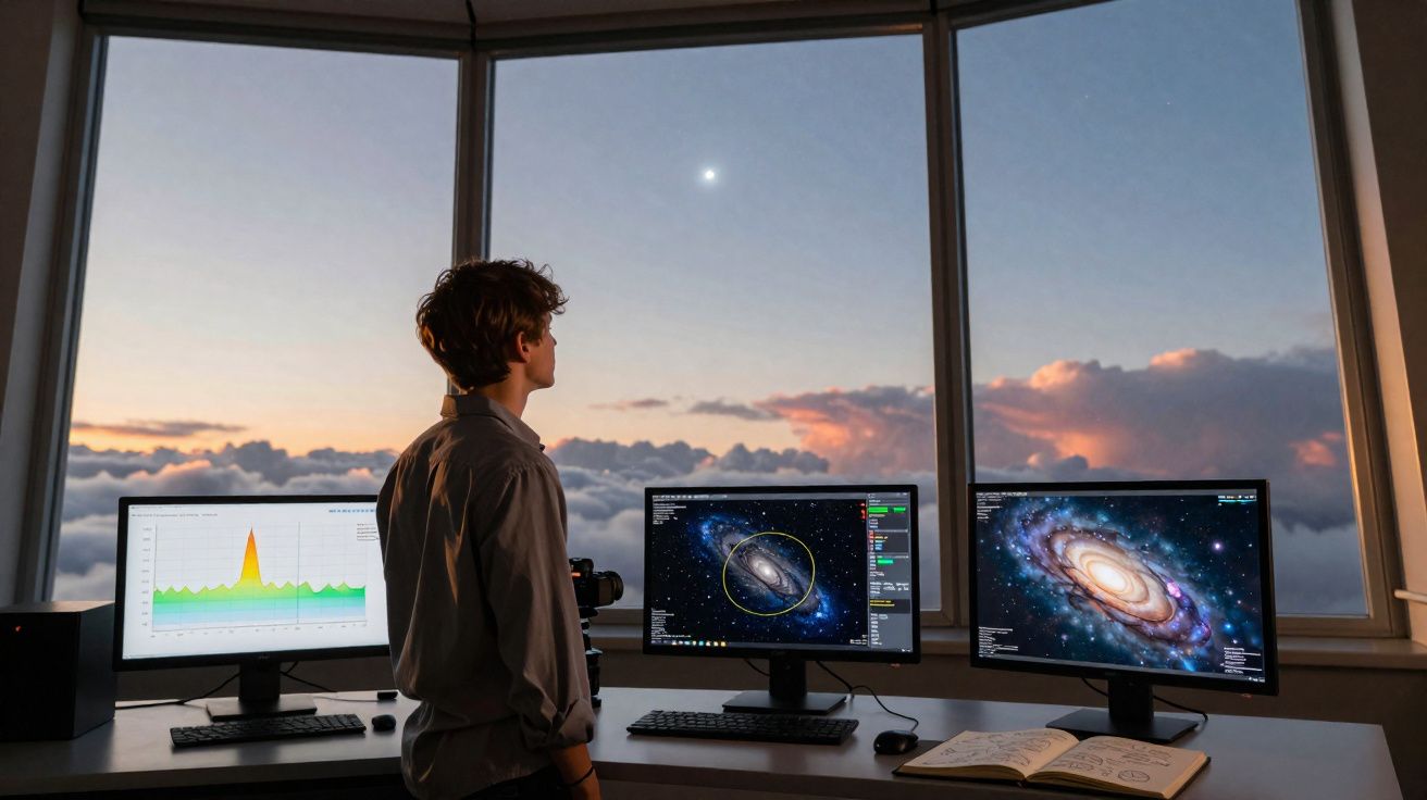Pessoa a observar gráficos e imagens de galáxias em três ecrãs de computador com vista para o céu ao pôr do sol.