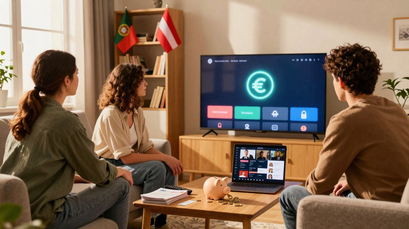 Três jovens sentados em sala com televisões mostrando símbolo do euro e plataforma online de videoconferência.