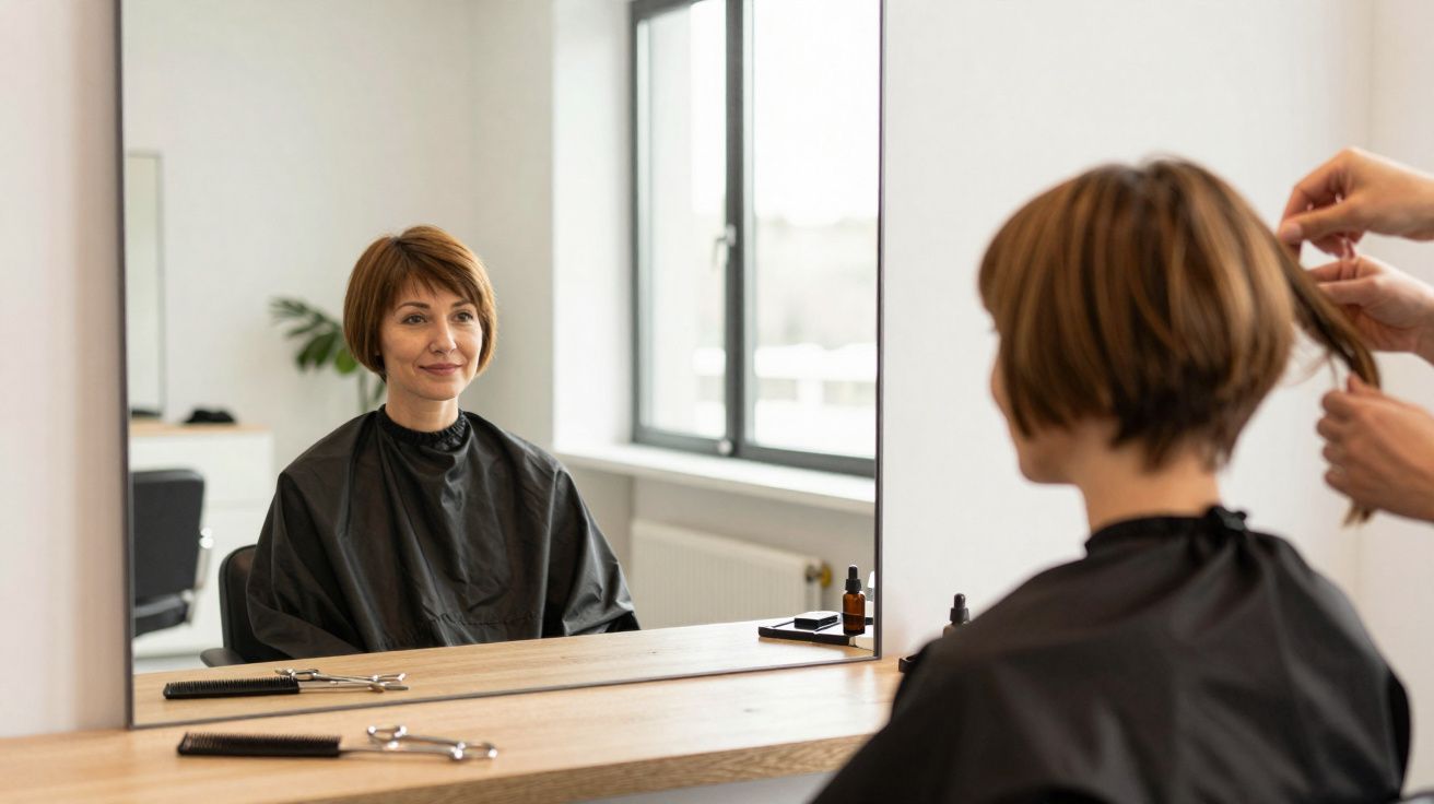 Mulher com capa preta sentada numa cadeira de cabeleireiro a olhar para o espelho enquanto cortam o seu cabelo.