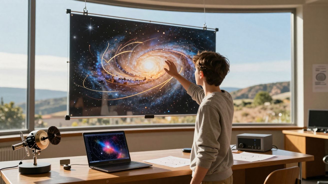 Rapaz a apontar para um cartaz de galáxia suspenso numa sala com janela panorâmica e equipamento de astronomia.