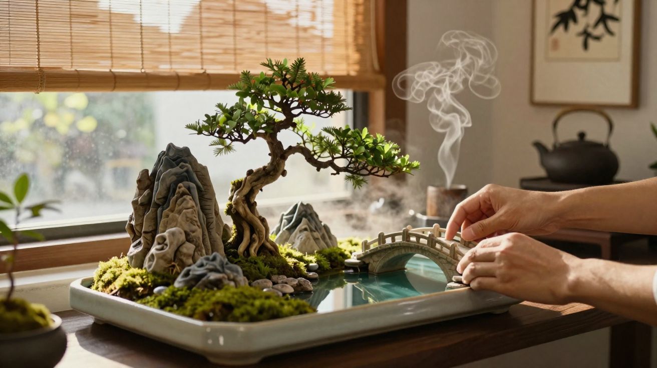 Mini jardim zen com árvore bonsai, pedras, ponte e incenso fumegante numa janela iluminada pelo sol.