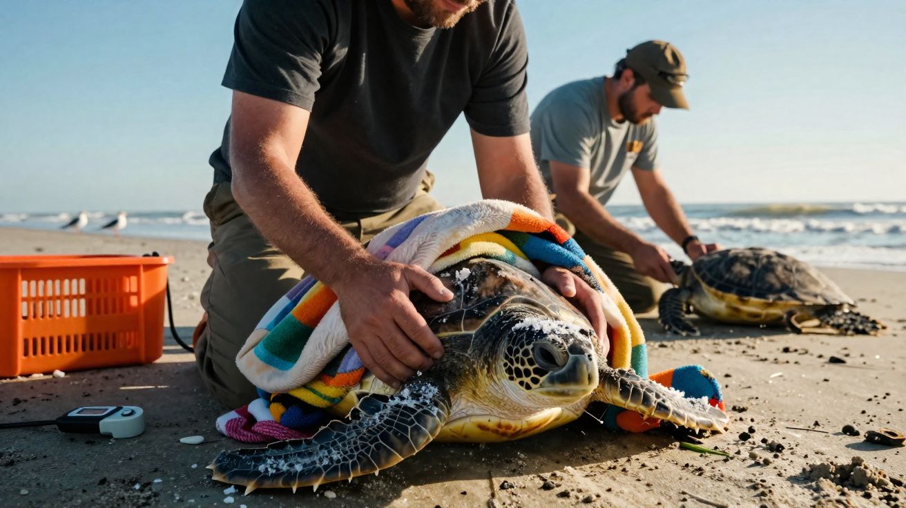 Dois homens ajudam tartarugas marinhas na praia, uma coberta por uma toalha colorida.