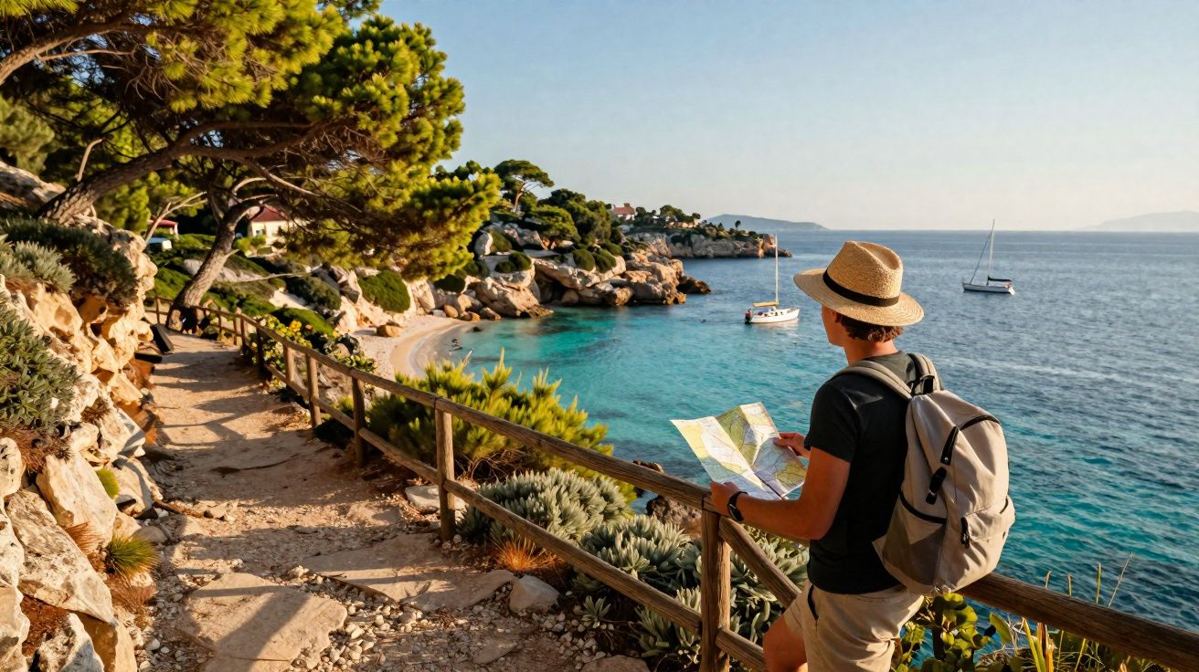 Pessoa com mochila e chapéu consulta mapa numa trilha costeira junto ao mar com barcos e praia.